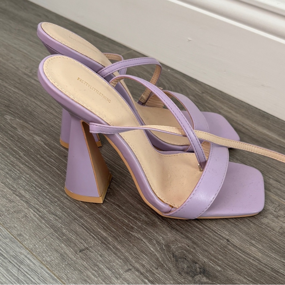 PrettyLittleThing Lilac Strappy Mule Heels | Square Toe Flared Heel